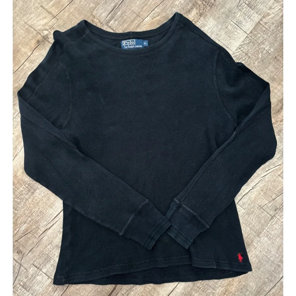 Polo Ralph Lauren Mens XL Black Waffle Knit Thermal Long Sleeve Shirt Red Pony